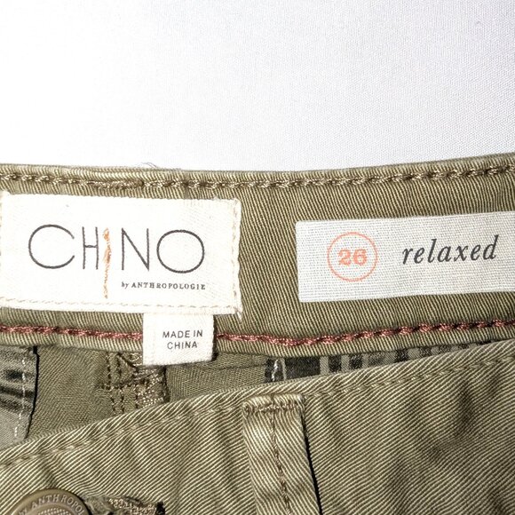 Anthropologie | Olive Green Relaxed Chino Navy Geo Tuxedo Stripe Pants | 26 - Picture 5 of 16